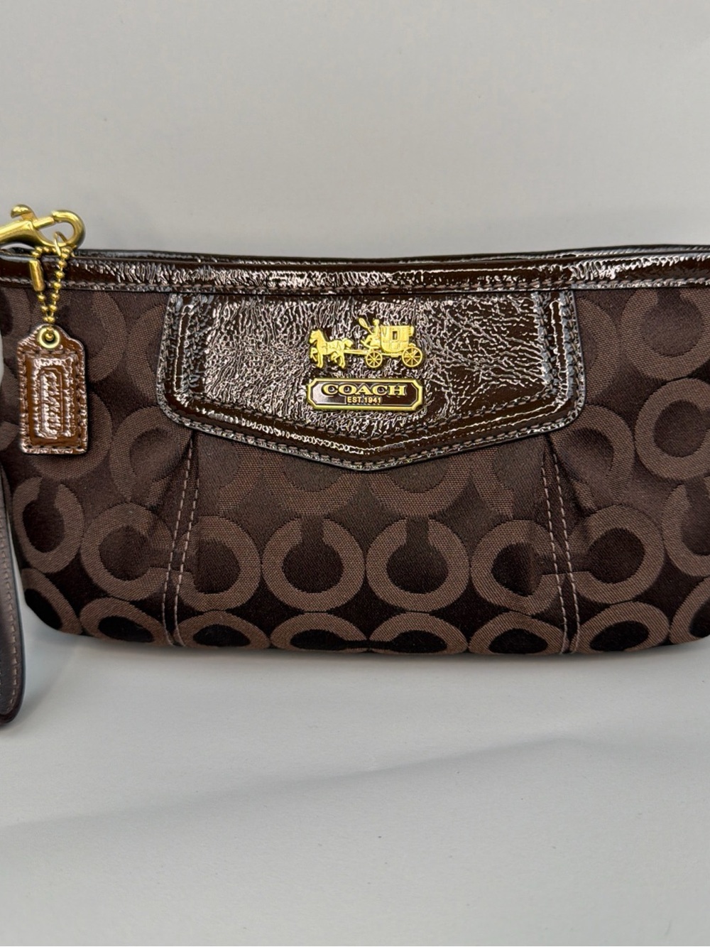Coach Madison Signature Op Art Chocolate Brown Wristlet Clutch Vintage Y2K